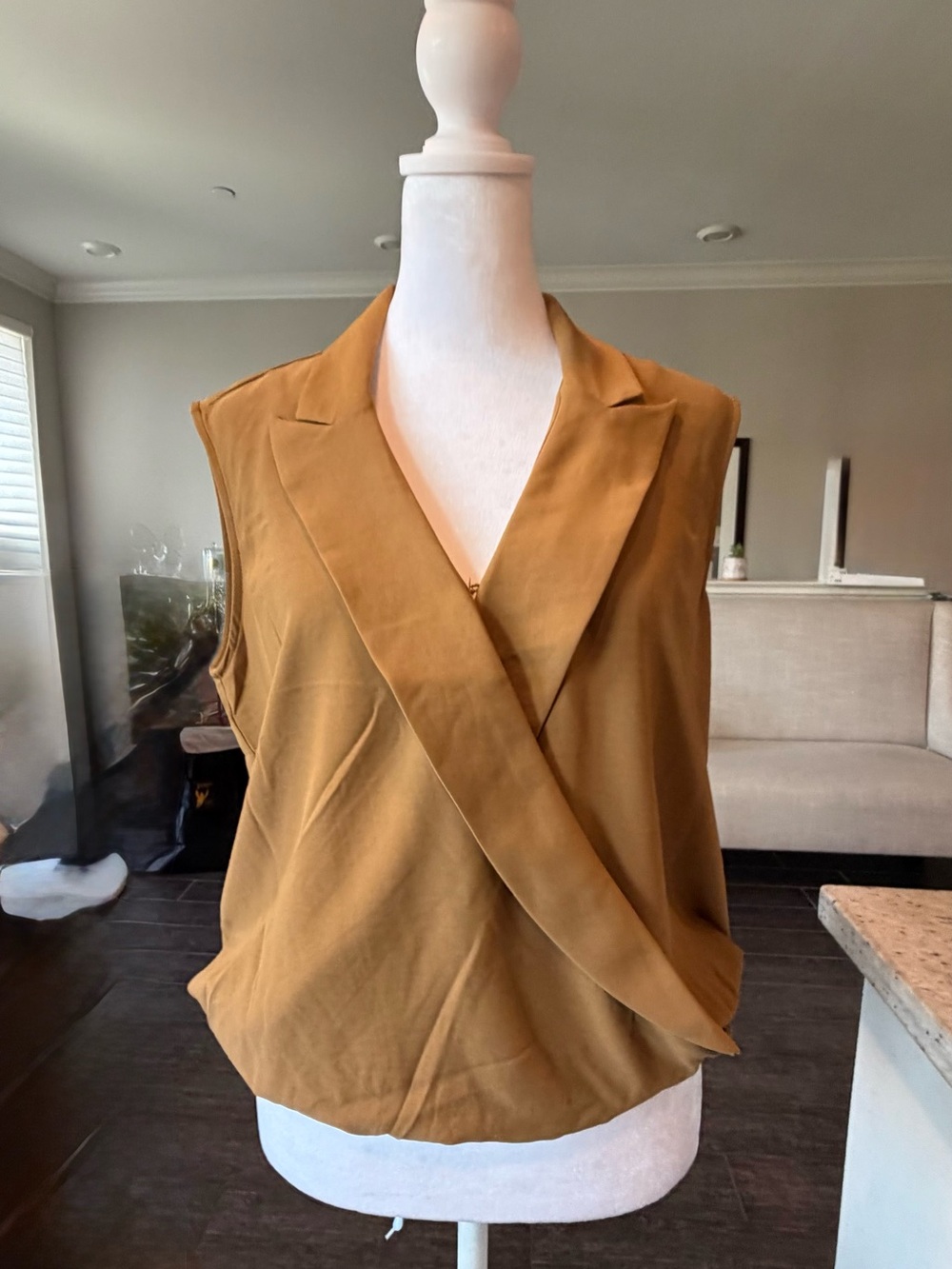 Express Draped V-Neck Sleeveless Blouse in Mustard